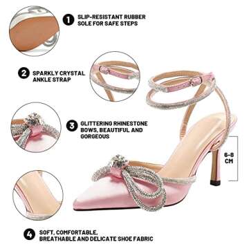 Onlymaker Women's Party Rhinestone Ankle Strap Sandals Bowknot Satin Pointy Toe High Heels Sandals Pink Size 9