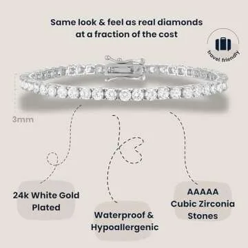 KISPER 24K White Gold Plated Tennis Bracelets for Women, 3mm Cubic Zirconia Simulated Diamond Classic Womens Bracelet, Size 7.5 Inches