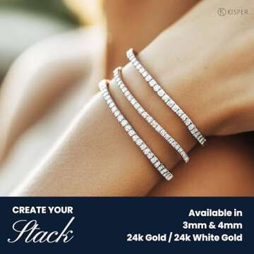 KISPER 24K White Gold Plated Tennis Bracelets for Women, 3mm Cubic Zirconia Simulated Diamond Classic Womens Bracelet, Size 7.5 Inches