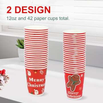 Richboom Disposable Christmas Coffee Cups - 42 Count 12 oz Cute Christmas Coffee Cups Disposable Coffee Cups Paper Cup for Cold/Hot Beverage Chocolate Cocoa Bar Party Supplies