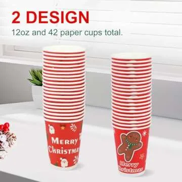 Richboom Disposable Christmas Coffee Cups - 42 Count 12 oz Cute Christmas Coffee Cups Disposable Coffee Cups Paper Cup for Cold/Hot Beverage Chocolate Cocoa Bar Party Supplies