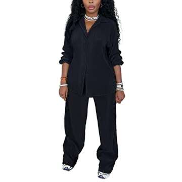 kaimimei Women 2Pcs Casual Outfits Set Button Down Long Sleeve Shirt High Waist Pleated Pants Sets S...