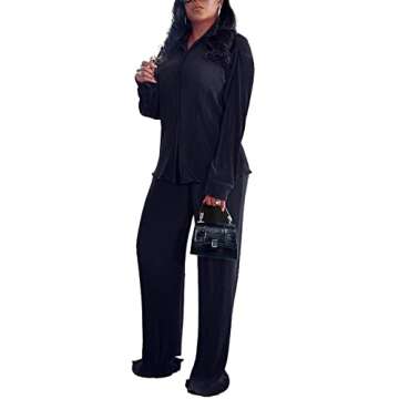 kaimimei Women 2Pcs Casual Outfits Set Button Down Long Sleeve Shirt High Waist Pleated Pants Sets Streetwear Loungewear