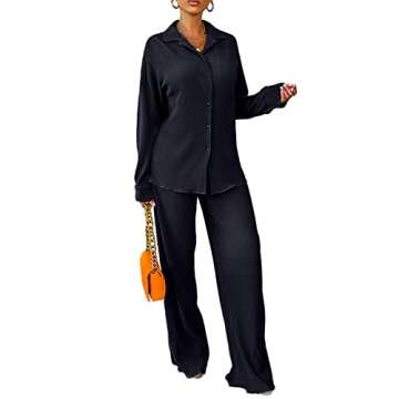 kaimimei Women 2Pcs Casual Outfits Set Button Down Long Sleeve Shirt High Waist Pleated Pants Sets Streetwear Loungewear