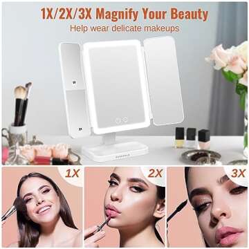 Makeup Mirror with lights, Rechargable Lighted Makeup Mirror with Magnification, 2X 3X, Portable Led...