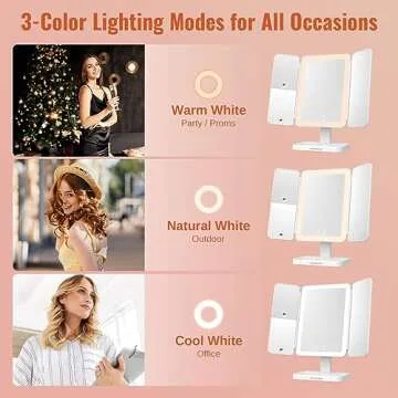Makeup Mirror with lights, Rechargable Lighted Makeup Mirror with Magnification, 2X 3X, Portable Led Makeup Mirror, 3 Color Lights, Touch Sensor, Trifold Vanity Mirror, Light Up Mirror for Tabletop