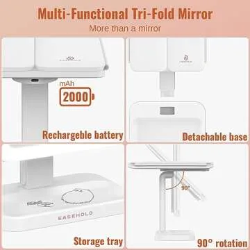 Makeup Mirror with lights, Rechargable Lighted Makeup Mirror with Magnification, 2X 3X, Portable Led Makeup Mirror, 3 Color Lights, Touch Sensor, Trifold Vanity Mirror, Light Up Mirror for Tabletop