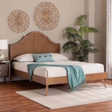Baxton Studio Alecia Bed with Woven Rattan in Ash Walnut