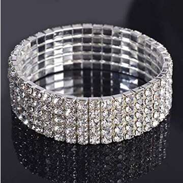 Harlorki Women Lady's 5 Rows Shiny Rhinestone Charm Elastic Stretch Bracelet Sparkling Bridal Bangle Wrist Band Cuff Fashion Jewelry