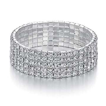 Harlorki Women Lady's 5 Rows Shiny Rhinestone Charm Elastic Stretch Bracelet Sparkling Bridal Bangle Wrist Band Cuff Fashion Jewelry