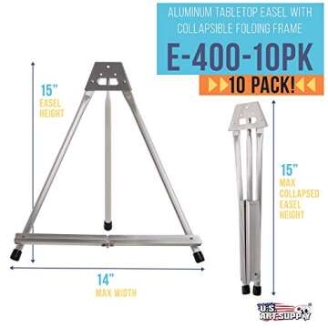 U.S. Art Supply 15" High Aluminum Tabletop Display Easel (Pack of 10) - Collapsible Folding Frame, P...