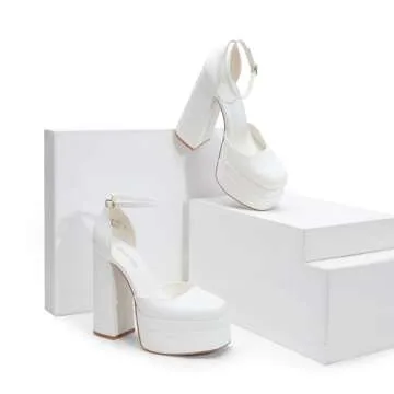 DREAM PAIRS Women’s High Chunky Platform Closed Toe Block Heels Square Toe Ankle Strap Dress Wedding Party Pumps Shoes Aurelia,Size 9.5,White,SDPU2319W