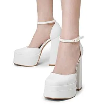 DREAM PAIRS Women’s High Chunky Platform Closed Toe Block Heels Square Toe Ankle Strap Dress Wedding Party Pumps Shoes Aurelia,Size 9.5,White,SDPU2319W