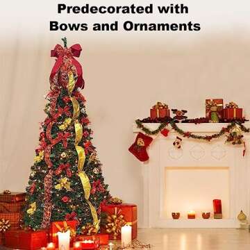 GameXcel Pop Up Christmas Tree with Light & Remote, 6FT Pull Up Artificial Christmas Trees Collapsible Prelit Decorated with Christmas Ball Ornaments Bows Ribbon Decorations Xmas Holiday Home Decor