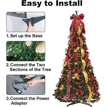 GameXcel Pop Up Christmas Tree with Light & Remote, 6FT Pull Up Artificial Christmas Trees Collapsible Prelit Decorated with Christmas Ball Ornaments Bows Ribbon Decorations Xmas Holiday Home Decor