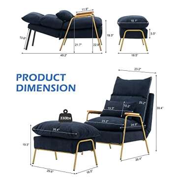 MCombo Accent Recliner Chair with Ottoman, Modern Fabric Armchair, Upholstered Sofa Bed for Living Room Bedroom, Small Space 4055 (Golden Frame, Dark Blue)