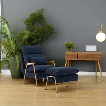 MCombo Accent Recliner Chair with Ottoman, Modern Fabric Armchair, Upholstered Sofa Bed for Living Room Bedroom, Small Space 4055 (Golden Frame, Dark Blue)