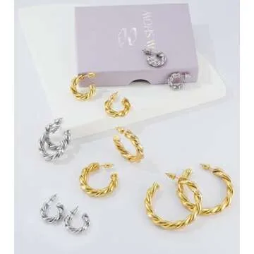 wowshow Chunky Hoop Earrings for Women, 14K Real Gold Plated Twist Gold Hoops Lightweight Earrings Jewelry Gifts 25MM