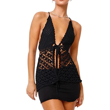 Y2K Halter Neck Crop Cami Top - Crochet Knitted Backless Summer Tee