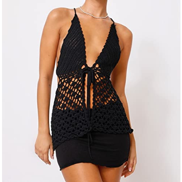Y2K Crochet Halter Neck Crop Top Backless Summer Tee