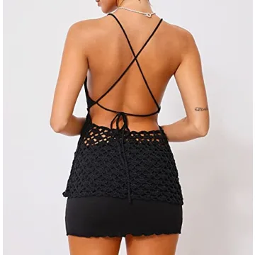 Y2K Crochet Halter Neck Crop Top Backless Summer Tee