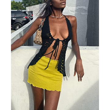 Y2K Crochet Halter Neck Crop Top Backless Summer Tee