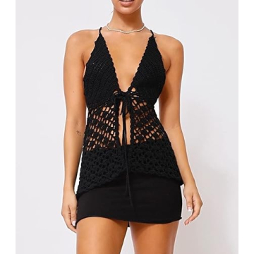 Y2K Crochet Halter Neck Crop Top Backless Summer Tee