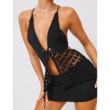 Y2K Crochet Halter Neck Crop Top Backless Summer Tee