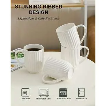 Hasense Ceramic Coffee Mugs Set of 4, 16 Oz Large Ribbed Coffee Cups with Big Handle, Unique Modern Style White Latte Mugs for Tea,Cocoa,Milk,Cappuccino, Microwave & Dishwasher Safe