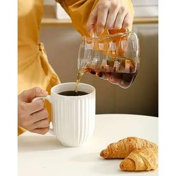 Hasense Ceramic Coffee Mugs Set of 4, 16 Oz Large Ribbed Coffee Cups with Big Handle, Unique Modern Style White Latte Mugs for Tea,Cocoa,Milk,Cappuccino, Microwave & Dishwasher Safe