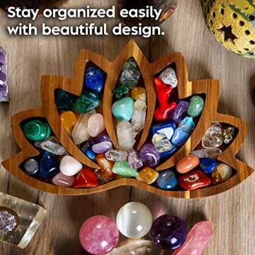 Curawood Lotus Crystal Display Tray - Showcase Your Gems, Healing Stones & Treasures - 11"x7" Wooden Rock Bowl, Crystal Holder for Stones Display Shelf, Gemstone Rock Holder Charging Bowl (Horizon)
