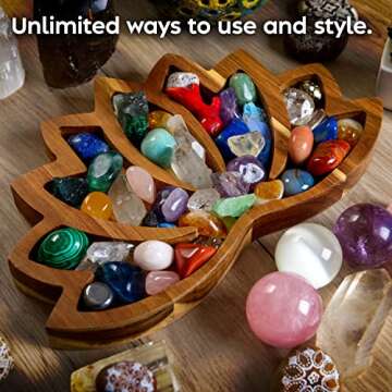 Curawood Lotus Crystal Display Tray - Showcase Your Gems, Healing Stones & Treasures - 11"x7" Wooden Rock Bowl, Crystal Holder for Stones Display Shelf, Gemstone Rock Holder Charging Bowl (Horizon)