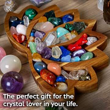 Curawood Lotus Crystal Display Tray - Showcase Your Gems, Healing Stones & Treasures - 11"x7" Wooden Rock Bowl, Crystal Holder for Stones Display Shelf, Gemstone Rock Holder Charging Bowl (Horizon)