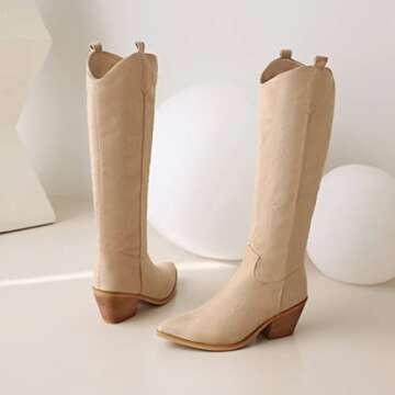 Reitoye Cowboy Boots for Women Embroidery Western Cowgirl Knee High Chunky Heel Boots Size 9