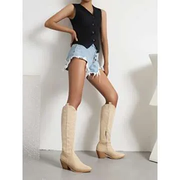 Reitoye Cowboy Boots for Women Embroidery Western Cowgirl Knee High Chunky Heel Boots Size 9