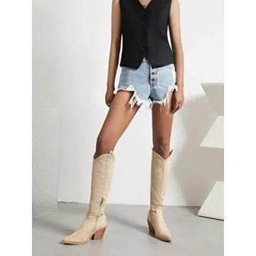 Reitoye Cowboy Boots for Women Embroidery Western Cowgirl Knee High Chunky Heel Boots Size 9