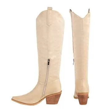 Reitoye Cowboy Boots for Women Embroidery Western Cowgirl Knee High Chunky Heel Boots Size 9