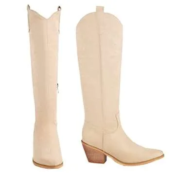 Reitoye Cowboy Boots for Women Embroidery Western Cowgirl Knee High Chunky Heel Boots Size 9