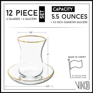 Vikko Turkish Tea Glasses & Saucers, 5.5 Oz Turkish Tea Cups,Turkish Glass Tea Set For Six, Tea Cup ...