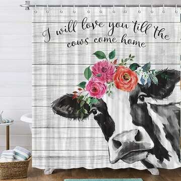 JAWO Funny Cow Shower Curtain Gray Rustic Wood Cute Farm Cattle Bathroom Accessory Decoration, Moder...
