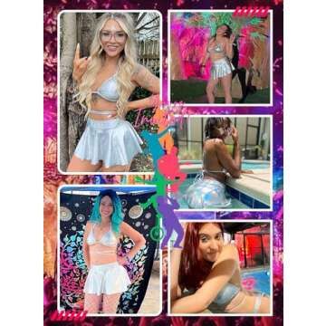 Rave Outfits for Women - Sexy Music Festival Metallic Holographic Strappy Bikini Top Bottom Beach Skirt 3 Piece Set(Silver,M,1016e)
