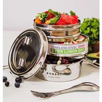 Ecozoi Stainless Steel Bento Box | 3-Tier Stackable Lunch Box with Bonus Spork, Eco Friendly Tiffin ...