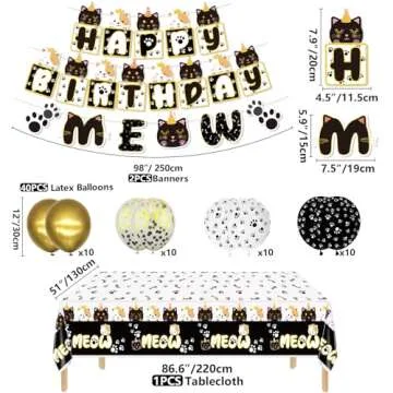 222 Pcs Cat Birthday Party Decorations - Cat Balloons, Birthday Banner, MEOW Garlands, DIY Hanging Sign, Cake Topper, Plates, Napkins, Cups, and Tablecloth for Pet Cat Birthday Party Supplies