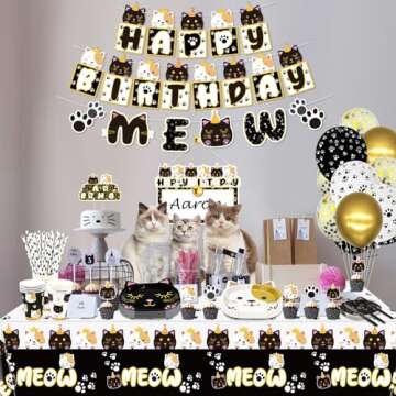 222 Pcs Cat Birthday Party Decorations - Cat Balloons, Birthday Banner, MEOW Garlands, DIY Hanging Sign, Cake Topper, Plates, Napkins, Cups, and Tablecloth for Pet Cat Birthday Party Supplies