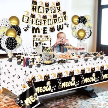 222 Pcs Cat Birthday Party Decorations - Cat Balloons, Birthday Banner, MEOW Garlands, DIY Hanging Sign, Cake Topper, Plates, Napkins, Cups, and Tablecloth for Pet Cat Birthday Party Supplies