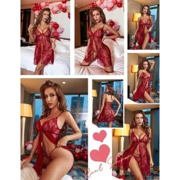 Avidlove Women's Lace Pajamas Floral Babydoll Nightgown with G-string (Dark Red), Medium