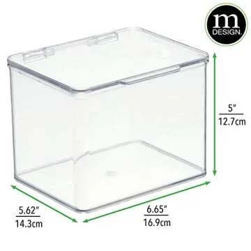 mDesign Plastic Bathroom Storage Organizer Box with Hinge Lid for Closet, Shelf, Cupboard, or Vanity, Hold Medicine, Soap, Lotion, Cotton Swabs, Masks, Styling Tools, Lumiere Collection, 4 Pack, Clear