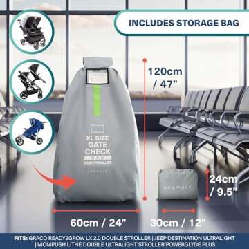 Bramble Extra Large Gate Check Stroller Bag for Airplane - Stroller Storage Bag (Grey, 47", 600D Oxford Waterproof) - Double Stroller Travel Bag for Airplane, Baby Stroller Cover for Air Travel