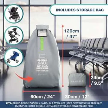 Bramble Extra Large Gate Check Stroller Bag for Airplane - Stroller Storage Bag (Grey, 47", 600D Oxford Waterproof) - Double Stroller Travel Bag for Airplane, Baby Stroller Cover for Air Travel