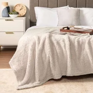 PAVILIA Sherpa Throw Blanket for Couch Sofa, Cream Beige Fluffy Warm Plush Blanket for Bed, Cozy Super Soft Lightweight Throw, Fuzzy Decorative Blanket, All Season Home, 50x60